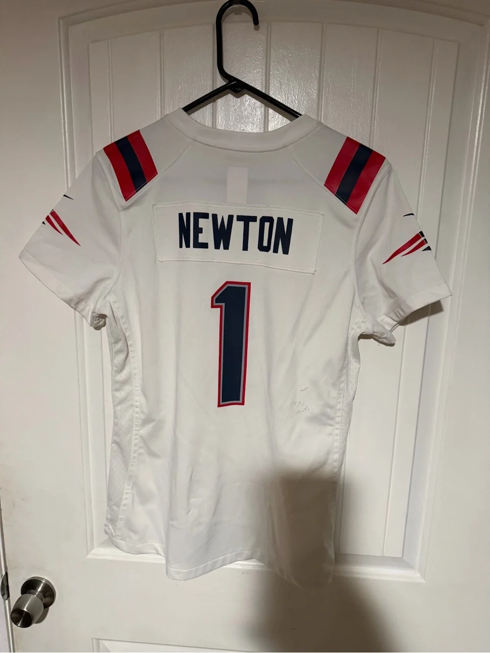 Wom Nike White New England Patriots #1 Football Jersey with Red & Blue Accents